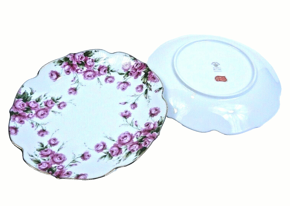 Lefton Scalloped Hand Painted Snack Plates Pink Rose w Gold Trim 7.5" Set of 2